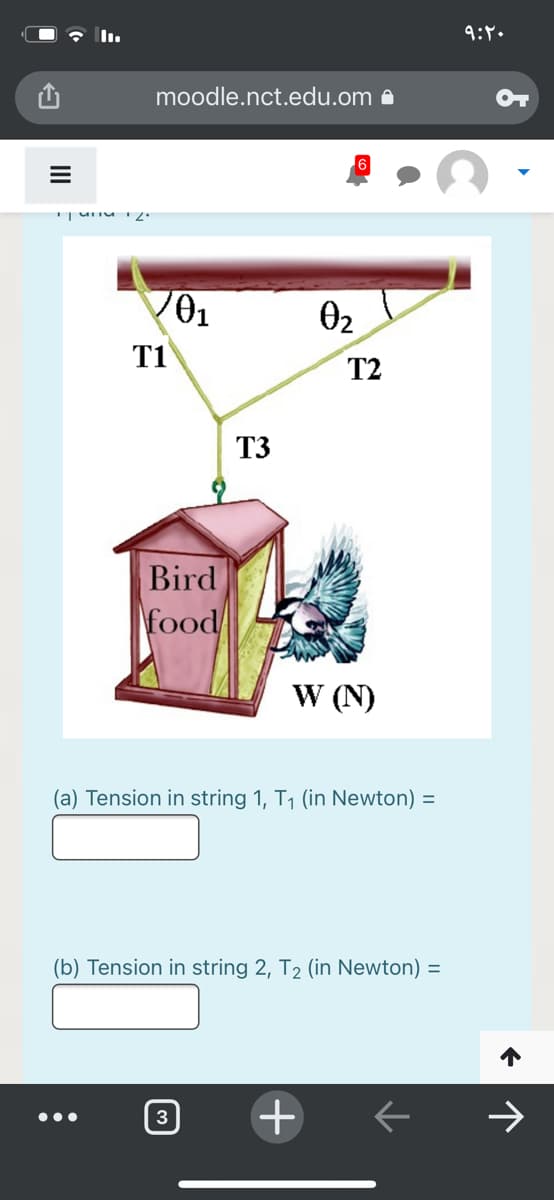 moodle.nct.edu.om a
02
T1
T2
T3
Bird
\food
W (N)
(a) Tension in string 1, T1 (in Newton) =
(b) Tension in string 2, T2 (in Newton) =
3
+
•..
II
