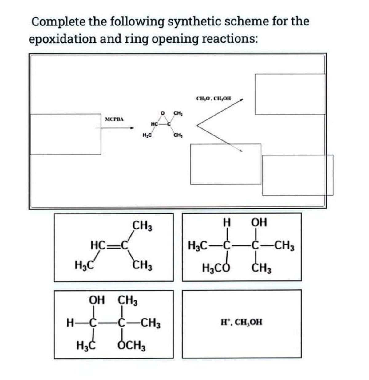 Complete the following synthetic scheme for the
epoxidation and ring opening reactions:
MCPBA
H.C
HC
° CH₂
CH₂
CH,O,CH,OH
CH3
H
OH
HC=C
H3C-C
-C-CH3
H3C
CH3
HỌ CÓ CHO
H₂CO
OH CH3
H-C
-Ċ-CH3
H*. CH₂OH
H3C
OCH3