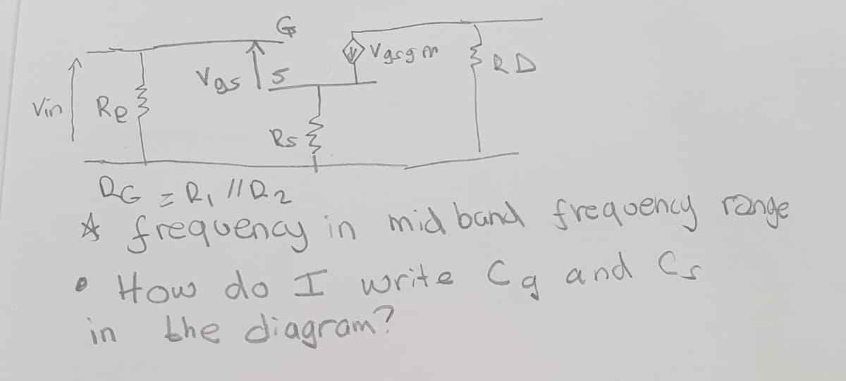 Vargm
Vos
RD
Vin Re
Rs {
* frequency in mid band frequency range
O How do I write Ca and Cs
the diagram?
in
