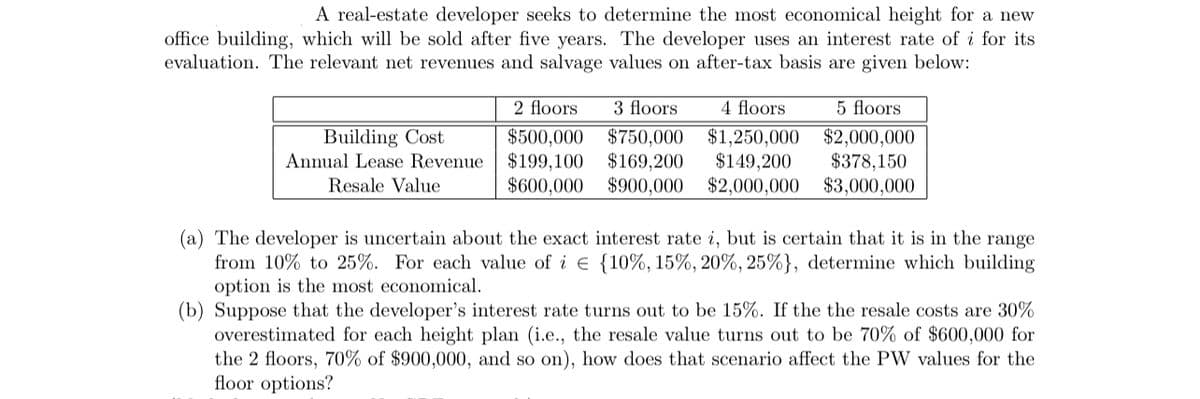 A real-estate developer seeks to determine the most economical height for a new
office building, which will be sold after five years. The developer uses an interest rate of i for its
evaluation. The relevant net revenues and salvage values on after-tax basis are given below:
Building Cost
Annual Lease Revenue
Resale Value
2 floors 3 floors 4 floors 5 floors
$500,000 $750,000 $1,250,000 $2,000,000
$199,100 $169,200 $149,200 $378,150
$600,000 $900,000 $2,000,000 $3,000,000
(a) The developer is uncertain about the exact interest rate i, but is certain that it is in the range
from 10% to 25%. For each value of i = {10%, 15%, 20%, 25%}, determine which building
option is the most economical.
(b) Suppose that the developer's interest rate turns out to be 15%. If the the resale costs are 30%
overestimated for each height plan (i.e., the resale value turns out to be 70% of $600,000 for
the 2 floors, 70% of $900,000, and so on), how does that scenario affect the PW values for the
floor options?