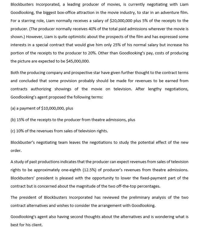 Blockbusters Incorporated, a leading producer of movies, is currently negotiating with Liam
Goodlooking, the biggest box-office attraction in the movie industry, to star in an adventure film.
For a starring role, Liam normally receives a salary of $20,000,000 plus 5% of the receipts to the
producer. (The producer normally receives 40% of the total paid admissions wherever the movie is
shown.) However, Liam is quite optimistic about the prospects of the film and has expressed some
interests in a special contract that would give him only 25% of his normal salary but increase his
portion of the receipts to the producer to 20%. Other than Goodlooking's pay, costs of producing
the picture are expected to be $45,000,000.
Both the producing company and prospective star have given further thought to the contract terms
and concluded that some provision probably should be made for revenues to be earned from
contracts authorizing showings of the movie on television. After lengthy negotiations,
Goodlooking's agent proposed the following terms:
(a) a payment of $10,000,000, plus
(b) 15% of the receipts to the producer from theatre admissions, plus
(c) 10% of the revenues from sales of television rights.
Blockbuster's negotiating team leaves the negotiations to study the potential effect of the new
order.
A study of past productions indicates that the producer can expect revenues from sales of television
rights to be approximately one-eighth (12.5%) of producer's revenues from theatre admissions.
Blockbusters' president is pleased with the opportunity to lower the fixed-payment part of the
contract but is concerned about the magnitude of the two off-the-top percentages.
The president of Blockbusters Incorporated has reviewed the preliminary analysis of the two
contract alternatives and wishes to consider the arrangement with Goodlooking.
Goodlooking's agent also having second thoughts about the alternatives and is wondering what is
best for his client.
