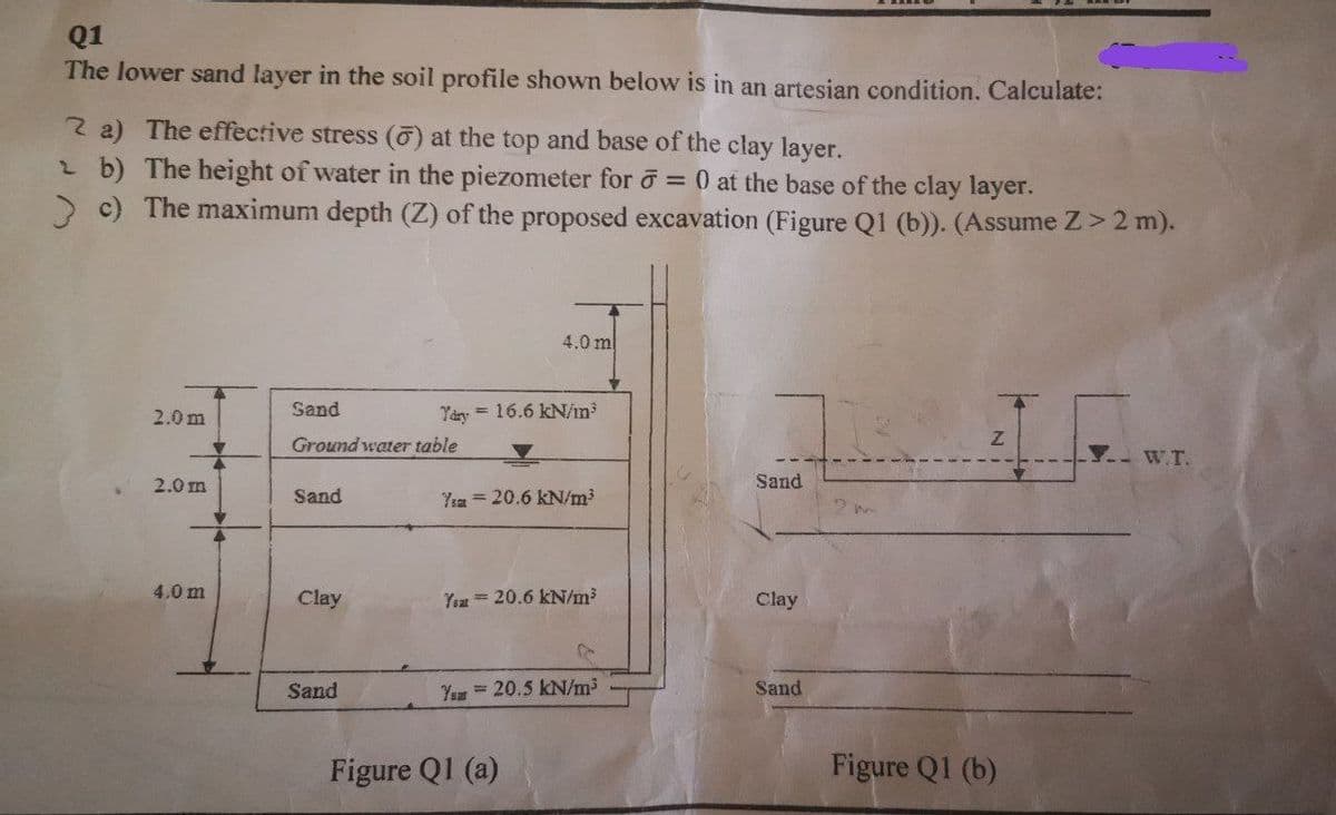 Q1
The lower sand layer in the soil profile shown below is in an artesian condition. Calculate:
2 a) The effective stress () at the top and base of the clay layer.
2b) The height of water in the piezometer for 5 = 0 at the base of the clay layer.
> c) The maximum depth (Z) of the proposed excavation (Figure Q1 (b)). (Assume Z>2 m).
4.0 m
2.0m
Yary 16.6 kN/in³
Sand
Ground water table
Z
Y.. W.T.
Sand
2.0 m
Sand
Ysa 20.6 kN/m³
4.0 m
Year 20.6 kN/m³
Clay
R
Sand
Ysar=20.5 kN/m³
Figure Q1 (b)
Clay
Sand
Figure Q1 (a)