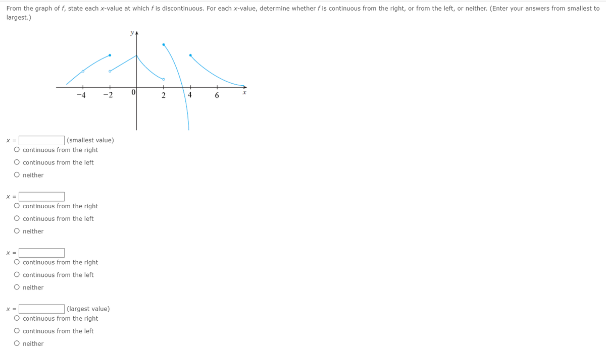 From the graph of f, state each x-value at which f is discontinuous. For each x-value, determine whether f is continuous from the right, or from the left, or neither. (Enter your answers from smallest to
largest.)
2
4
X =
(smallest value)
O continuous from the right
O continuous from the left
O neither
X =
O continuous from the right
O continuous from the left
O neither
X =
O continuous from the right
O continuous from the left
O neither
X =
(largest value)
O continuous from the right
O continuous from the left
O neither
