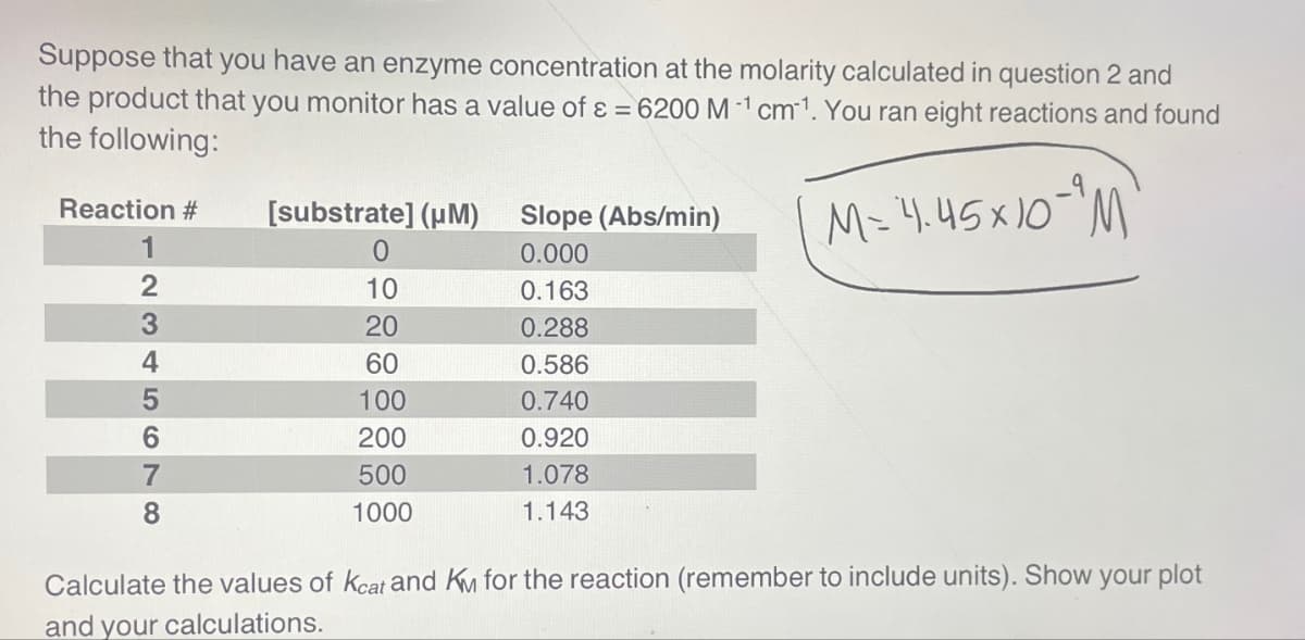 Suppose that you have an enzyme concentration at the molarity calculated in question 2 and
the product that you monitor has a value of x = 6200 M1 cm1. You ran eight reactions and found
the following:
Reaction #
[substrate] (μM)
Slope (Abs/min)
0
0.000
2345678
10
0.163
20
0.288
60
0.586
100
0.740
200
0.920
500
1.078
1000
1.143
M-4.45x10-M
Calculate the values of Kcat and KM for the reaction (remember to include units). Show your plot
and your calculations.