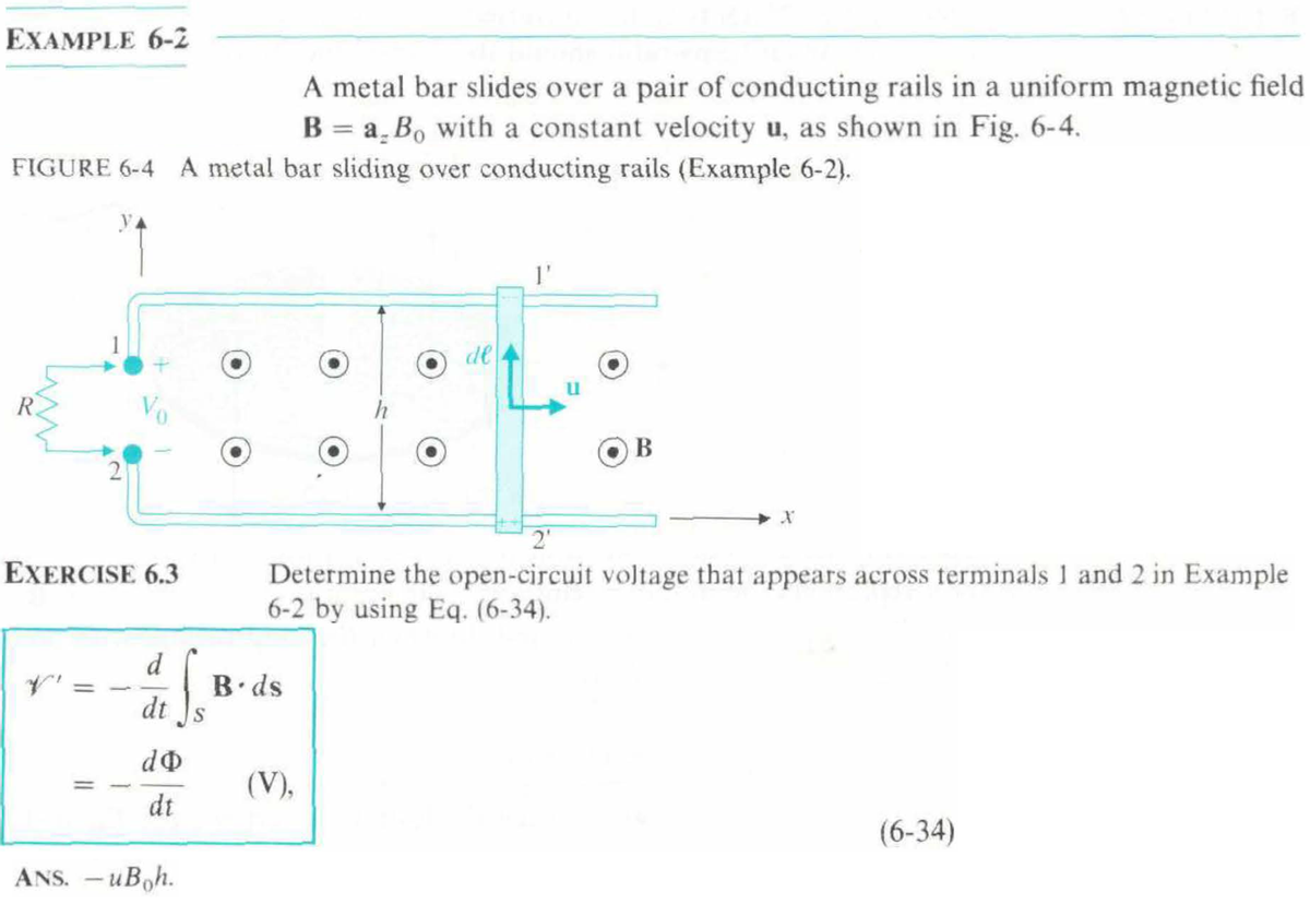 EXAMPLE 6-2
FIGURE 6-4 A metal bar sliding over conducting rails (Example 6-2).
EXERCISE 6.3
=
d
dt
f
do
dt
ANS. - uBoh.
A metal bar slides over a pair of conducting rails in a uniform magnetic field
B = a_Bo with a constant velocity u, as shown in Fig. 6-4.
B.ds
(V),
de
1'
2₁
Determine the open-circuit voltage that appears across terminals 1 and 2 in Example
6-2 by using Eq. (6-34).
B
(6-34)