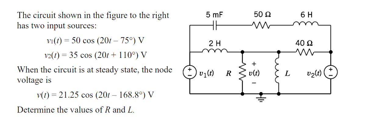 The circuit shown in the figure to the right
has two input sources:
vi(t) = 50 cos (20t – 75°) V
v2(t) = 35 cos (20t + 110°) V
When the circuit is at steady state, the node
voltage is
v(t) = 21.25 cos (20t – 168.8°) V
Determine the values of R and L.
+
5 mF
HH
2 H
v₁(t)
R
50 Ω
m
+
v(t)
L
6 H
40 Ω
m
v₂(t)