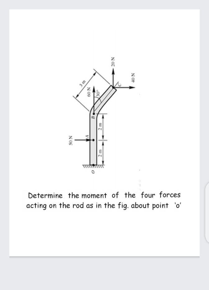 Determine the moment of the four forces
acting on the rod as in the fig. about point 'o'
'o'
40 N
N 07
N 09
V.
NOS
