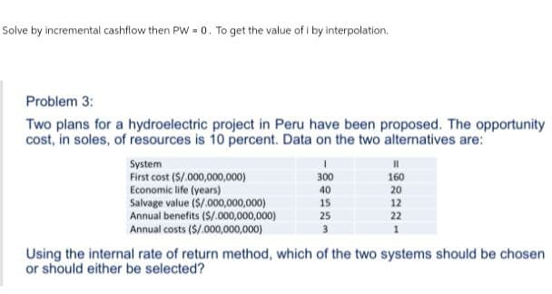 Solve by incremental cashflow then PW = 0. To get the value of i by interpolation.
Problem 3:
Two plans for a hydroelectric project in Peru have been proposed. The opportunity
cost, in soles, of resources is 10 percent. Data on the two alternatives are:
System
First cost ($/,000,000,000)
300
160
Economic life (years)
40
20
Salvage value ($/,000,000,000)
15
12
Annual benefits (S/.000,000,000)
25
22
Annual costs ($/,000,000,000)
3
1
Using the internal rate of return method, which of the two systems should be chosen
or should either be selected?