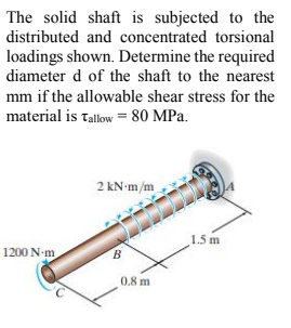 The solid shaft is subjected to the
distributed and concentrated torsional
loadings shown. Determine the required
diameter d of the shaft to the nearest
mm if the allowable shear stress for the
material is Tallow = 80 MPa.
2 kN m/m
1.5 m
1200 N-m
B.
0,8 m

