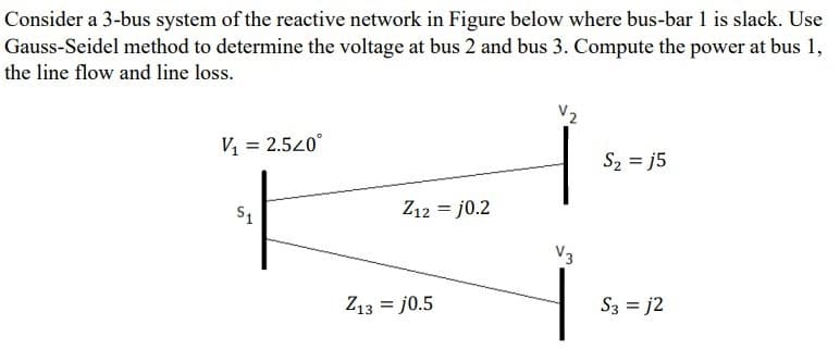 Consider a 3-bus system of the reactive network in Figure below where bus-bar 1 is slack. Use
Gauss-Seidel method to determine the voltage at bus 2 and bus 3. Compute the power at bus 1,
the line flow and line loss.
V₁ = 2.520°
$₁
Z12 = j0.2
Z13 = j0.5
V₂
V3
S₂ = j5
S3 = j2