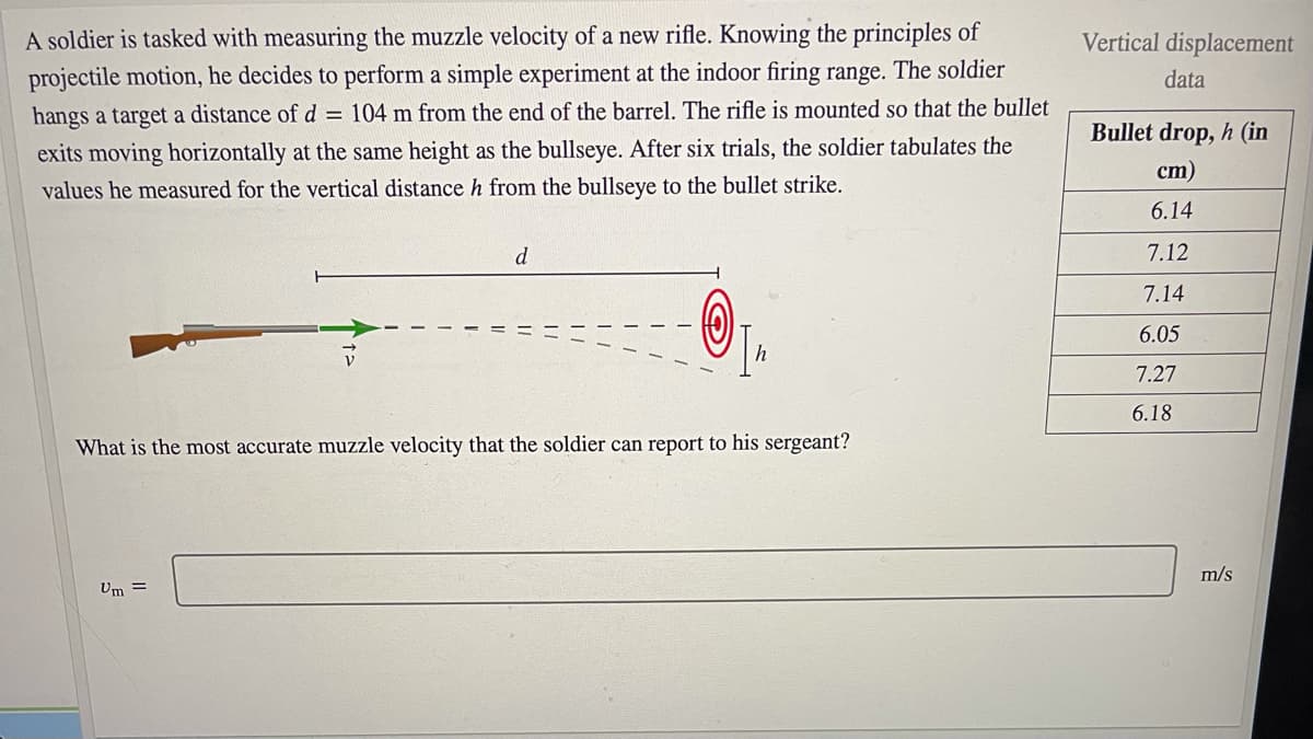 A soldier is tasked with measuring the muzzle velocity of a new rifle. Knowing the principles of
projectile motion, he decides to perform a simple experiment at the indoor firing range. The soldier
hangs a target a distance of d = 104 m from the end of the barrel. The rifle is mounted so that the bullet
Vertical displacement
data
Bullet drop, h (in
exits moving horizontally at the same height as the bullseye. After six trials, the soldier tabulates the
values he measured for the vertical distance h from the bullseye to the bullet strike.
cm)
6.14
d
7.12
7.14
6.05
7.27
6.18
What is the most accurate muzzle velocity that the soldier can report to his sergeant?
m/s
Um =
| |
