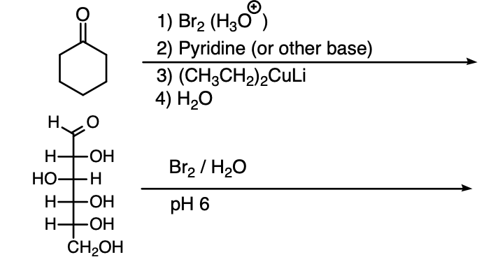 1) Br2 (H3O)
2) Pyridine (or other base)
3) (CH3CH2)2CULİ
4) Hа0
H.
H HOH
HO-H
Br2 / H20
H-
-ОН
pH 6
H-
ČH2OH
