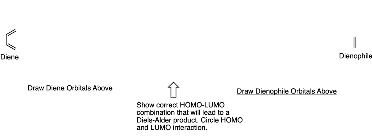 ||
Diene
Dienophile
Draw Diene Orbitals Above
Draw Dienophile Orbitals Above
Show correct HOMO-LUMO
combination that will lead to a
Diels-Alder product. Circle HOMO
and LUMO interaction.
