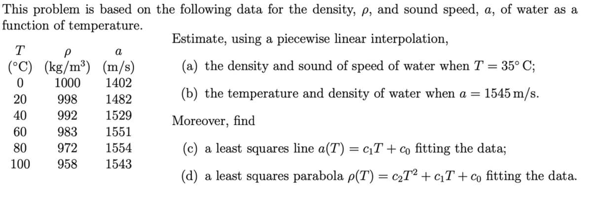 This problem is based on the following data for the density, p, and sound speed, a, of water as a
function of temperature.
T
Р
a
(°C) (kg/m³) (m/s)
0
1000
1402
20
998
1482
40
992
1529
60
983
1551
80
972
1554
100 958
1543
Estimate, using a piecewise linear interpolation,
(a) the density and sound of speed of water when T = 35° C;
(b) the temperature and density of water when a = 1545 m/s.
Moreover, find
(c) a least squares line a(T) = c₁T + co fitting the data;
(d) a least squares parabola p(T) = c₂T²+c₁T+ Co fitting the data.