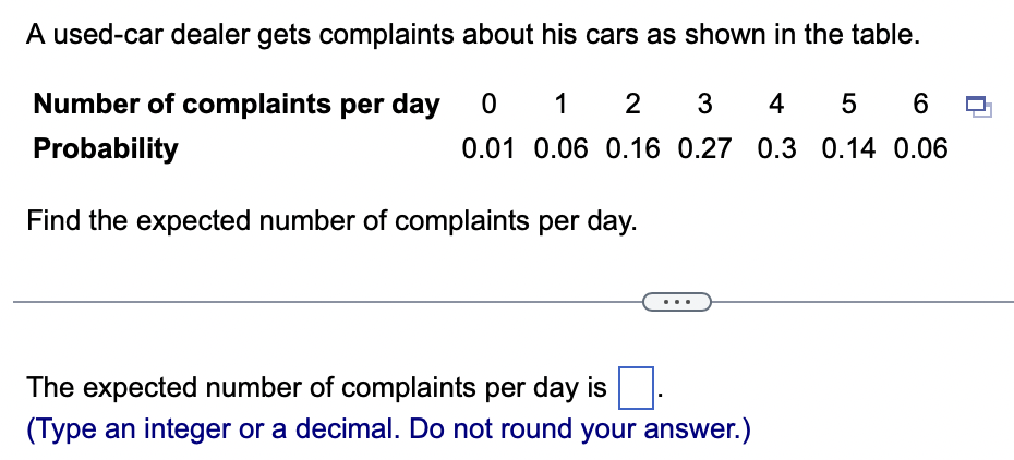 A used-car dealer gets complaints about his cars as shown in the table.
Number of complaints per day 0 1 2
Probability
0.01 0.06 0.16
Find the expected number of complaints per day.
3 4 5 6
0.27
0.3 0.14 0.06
The expected number of complaints per day is
(Type an integer or a decimal. Do not round your answer.)