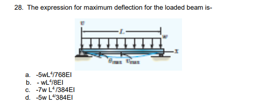 28. The expression for maximum deflection for the loaded beam is-
s rus
a. -5wL/768EI
b. - wL/8EI
c. -7w L*/384EI
d. -5w L384EI
