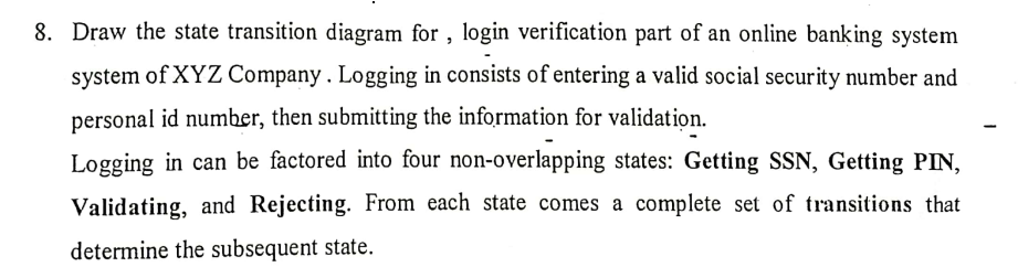 8. Draw the state transition diagram for, login verification part of an online banking system
system of XYZ Company. Logging in consists of entering a valid social security number and
personal id number, then submitting the information for validation.
Logging in can be factored into four non-overlapping states: Getting SSN, Getting PIN,
Validating, and Rejecting. From each state comes a complete set of transitions that
determine the subsequent state.
