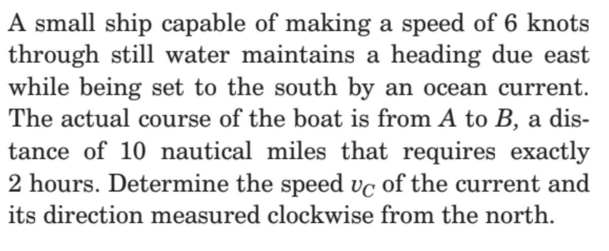 A small ship capable of making a speed of 6 knots
through still water maintains a heading due east
while being set to the south by an ocean current.
The actual course of the boat is from A to B, a dis-
tance of 10 nautical miles that requires exactly
2 hours. Determine the speed vc of the current and
its direction measured clockwise from the north.
