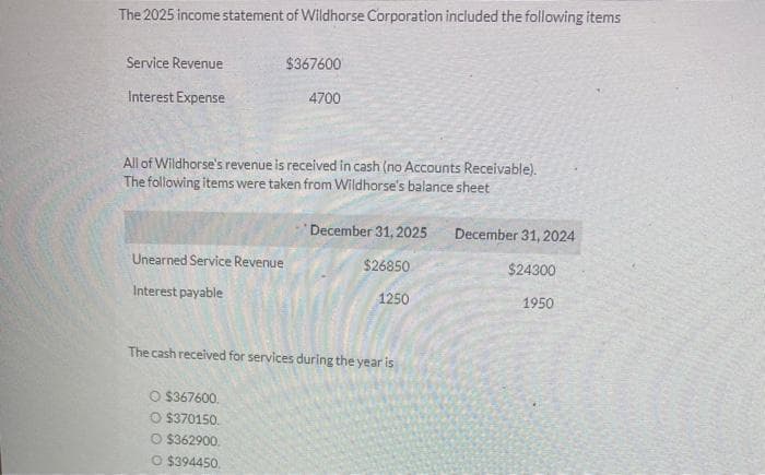 The 2025 income statement of Wildhorse Corporation included the following items
Service Revenue
Interest Expense
Unearned Service Revenue
Interest payable
All of Wildhorse's revenue is received in cash (no Accounts Receivable).
The following items were taken from Wildhorse's balance sheet
$367600
O $367600.
O $370150.
4700
O $362900.
O $394450.
The cash received for services during the year is
December 31, 2025
$26850
1250
December 31, 2024
$24300
1950