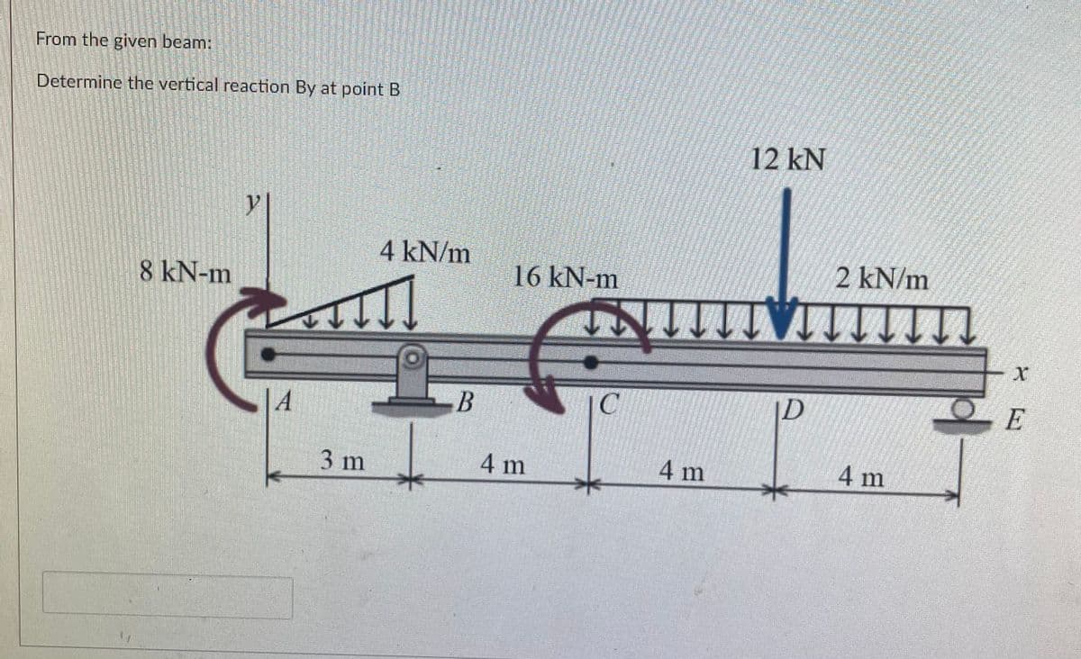 From the given beam:
Determine the vertical reaction By at point B
12 kN
y
4 kN/m
2 kN/m
8kN-m
16 kN-m
果 U!
-B
ID
3 m
4 m
4 m
4 m
