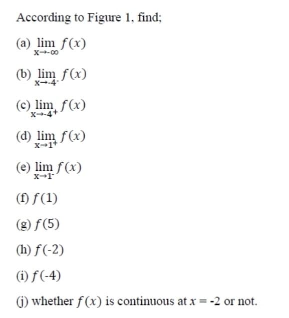 According to Figure 1, find;
(a) lim f(x)
x--00
(b) lim f(x)
x--4-
(c) lim f(x)
x--4+
(d) lim f(x)
x-1+
(e) lim f(x)
x-1
(f) f (1)
(g) f (5)
(h) f(-2)
(i) f (-4)
(i) whether f (x) is continuous at x = -2 or not.
