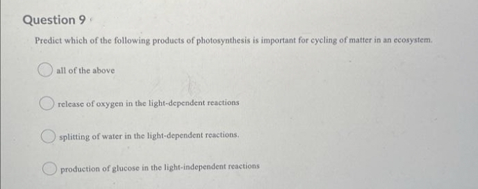 Question 9
Predict which of the following products of photosynthesis is important for cycling of matter in an ecosystem.
all of the above
release of oxygen in the light-dependent reactions
splitting of water in the light-dependent reactions.
production of glucose in the light-independent reactions
