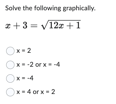 Solve the following graphically.
x + 3 = √12x+1
Ox=2
x = -2 or x = -4
Ox=-4
x = 4 or x = 2