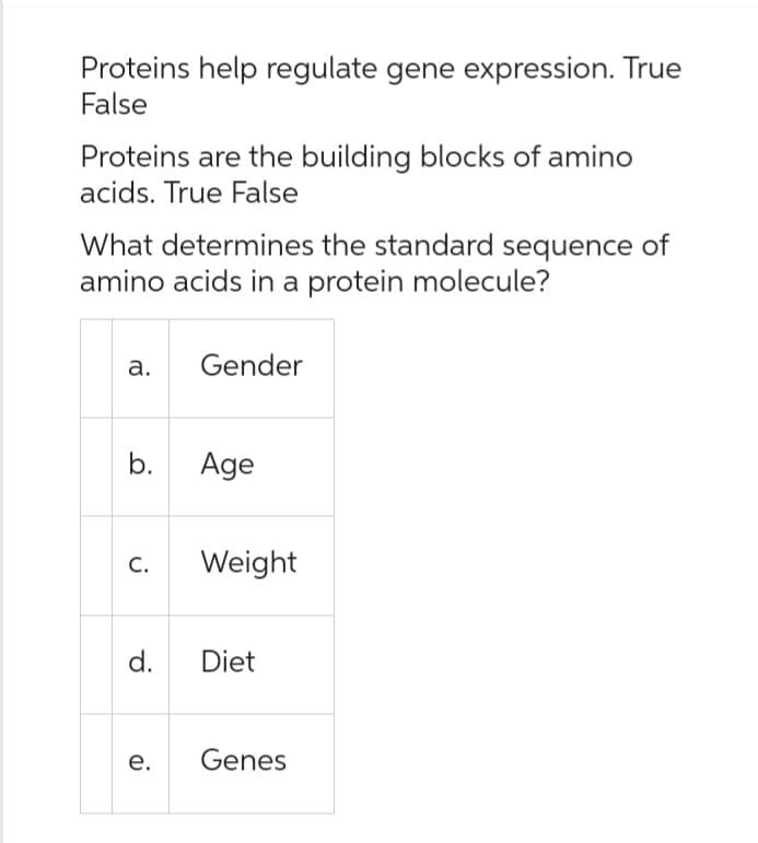 Proteins help regulate gene expression. True
False
Proteins are the building blocks of amino
acids. True False
What determines the standard sequence of
amino acids in a protein molecule?
a.
b.
C.
d.
e.
Gender
Age
Weight
Diet
Genes