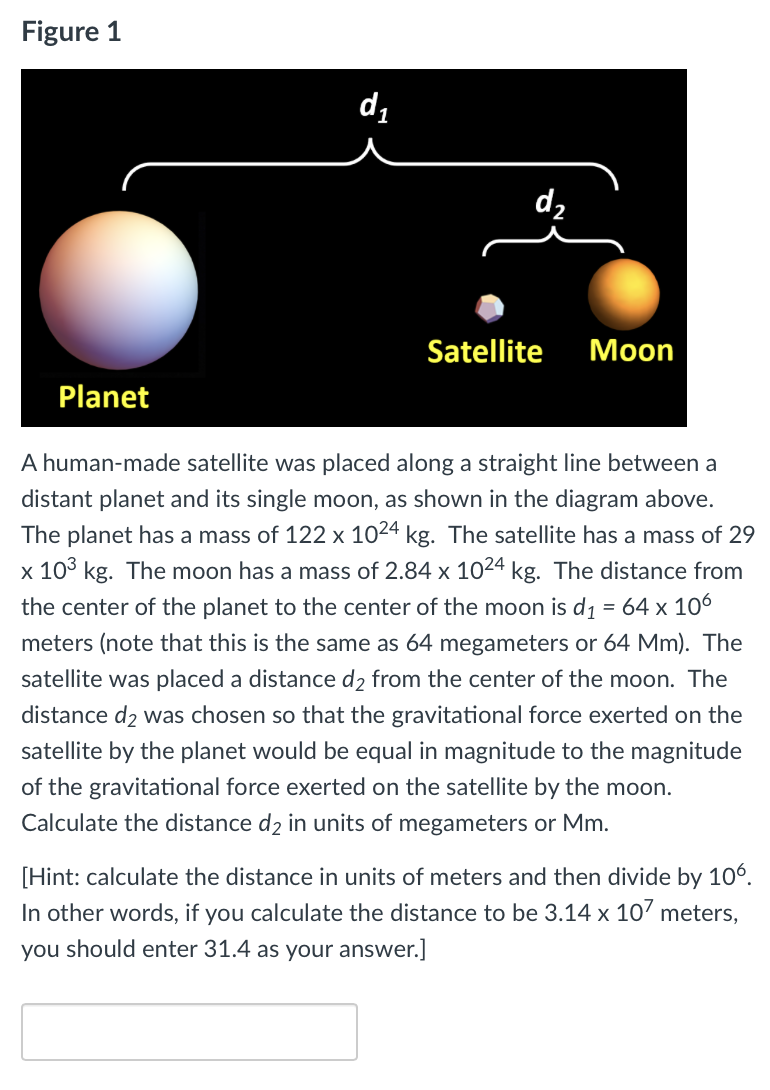 Figure 1
d,
Satellite
Мoon
Planet
A human-made satellite was placed along a straight line between a
distant planet and its single moon, as shown in the diagram above.
The planet has a mass of 122 x 1024 kg. The satellite has a mass of 29
x 103 kg. The moon has a mass of 2.84 x 1024 kg. The distance from
the center of the planet to the center of the moon is d1 = 64 x 106
meters (note that this is the same as 64 megameters or 64 Mm). The
satellite was placed a distance d2 from the center of the moon. The
distance d2 was chosen so that the gravitational force exerted on the
satellite by the planet would be equal in magnitude to the magnitude
of the gravitational force exerted on the satellite by the moon.
Calculate the distance d2 in units of megameters or Mm.
[Hint: calculate the distance in units of meters and then divide by 106.
In other words, if you calculate the distance to be 3.14 x 10’ meters,
you should enter 31.4 as your answer.]
