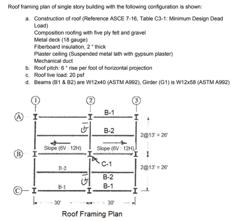 Roof framing plan of single story building with the following configuration is shown:
a. Construction of roof (Reference ASCE 7-16, Table C3-1: Minimum Design Dead
Load)
Composition roofing with five ply felt and gravel
Metal deck (18 gauge)
Fiberboard insulation, 2 “ thick
Plaster ceiling (Suspended metal lath with gypsum plaster)
Mechanical duct
b. Roof pitch: 6 " rise per foot of horizontal projection
c. Roof live load: 20 psf
d. Beams (B1 & B2) are W12x40 (ASTM A992), Girder (G1) is W12x58 (ASTM A992)
В-1
(A
I-
В-2
2@13' = 26'
Slope (6V : 12H)
Slope (6V : 12H),
(B)
С-1
B-2
2@13' = 26'
В-2
B-1
В-1
30'
30'
Roof Framing Plan
