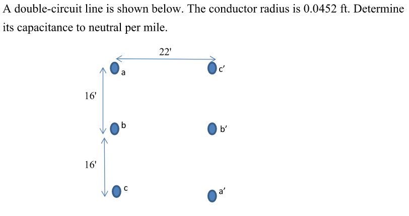 A double-circuit
its capacitance to neutral per mile.
line is shown below. The conductor radius is 0.0452 ft. Determine
16'
16'
a
b
22'
c'
b'
a'