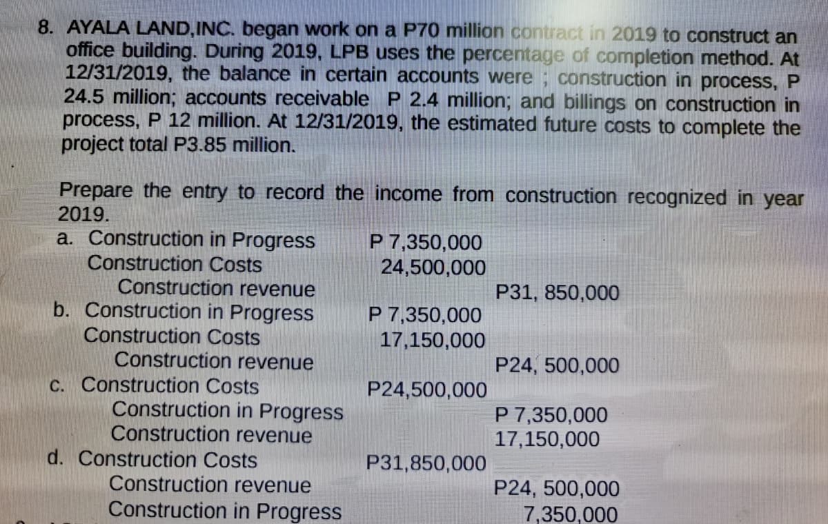 8. AYALA LAND, INC. began work on a P70 million contract in 2019 to construct an
office building. During 2019, LPB uses the percentage of completion method. At
12/31/2019, the balance in certain accounts were ; construction in process, P
24.5 million; accounts receivable P 2.4 million; and billings on construction in
process, P 12 million. At 12/31/2019, the estimated future costs to complete the
project total P3.85 million.
Prepare the entry to record the income from construction recognized in year
2019.
a. Construction in Progress
Construction Costs
Construction revenue
b. Construction in Progress
P 7,350,000
24,500,000
P31, 850,000
P 7,350,000
17,150,000
Construction Costs
Construction revenue
C. Construction Costs
P24, 500,000
P24,500,000
Construction in Progress
Construction revenue
P 7,350,000
17,150,000
d. Construction Costs
Construction revenue
Construction in Progress
P31,850,000
P24, 500,000
7,350,000
