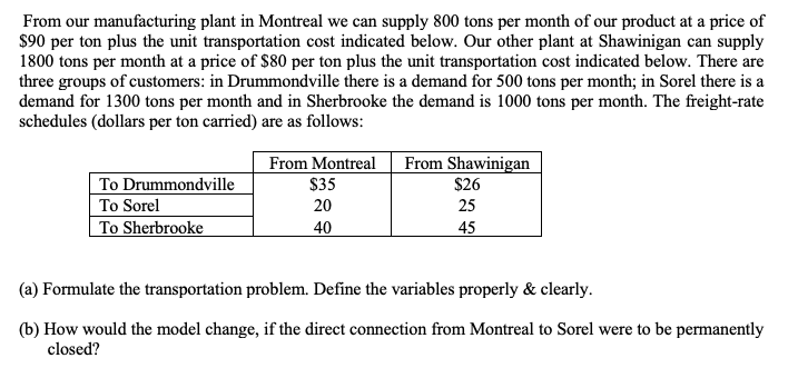 From our manufacturing plant in Montreal we can supply 800 tons per month of our product at a price of
$90 per ton plus the unit transportation cost indicated below. Our other plant at Shawinigan can supply
1800 tons per month at a price of $80 per ton plus the unit transportation cost indicated below. There are
three groups of customers: in Drummondville there is a demand for 500 tons per month; in Sorel there is a
demand for 1300 tons per month and in Sherbrooke the demand is 1000 tons per month. The freight-rate
schedules (dollars per ton carried) are as follows:
From Montreal
From Shawinigan
$26
To Drummondville
$35
To Sorel
20
25
To Sherbrooke
40
45
(a) Formulate the transportation problem. Define the variables properly & clearly.
(b) How would the model change, if the direct connection from Montreal to Sorel were to be permanently
closed?

