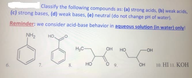 Classify the following compounds as: (a) strong acids, (b) weak acids,
(c) strong bases, (d) weak bases, (e) neutral (do not change pH of water).
Reminder: we consider acid-base behavior in aqueous solution (in water) only!
NH,
но.
H3C-
OH
но
-OH
6.
7.
8.
HO
9.
OH
10. HI 11. KOH

