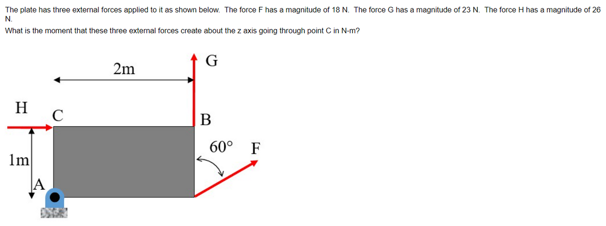 The plate has three external forces applied to it as shown below. The force F has a magnitude of 18 N. The force G has a magnitude of 23 N. The force H has a magnitude of 26
N.
What is the moment that these three external forces create about the z axis going through point C in N-m?
H
1m
C
2m
G
B
60°
F