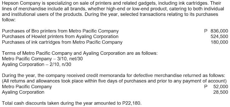 Hepson Company is specializing on sale of printers and related gadgets, including ink cartridges. Their
lines of merchandise include all brands, whether high-end or low-end product, catering to both individual
and institutional users of the products. During the year, selected transactions relating to its purchases
follow:
Purchases of Bro printers from Metro Pacific Company
Purchases of Howlet printers from Ayaling Corporation
Purchases of ink cartridges from Metro Pacific Company
P 836,000
524,500
180,000
Terms of Metro Pacific Company and Ayaling Corporation are as follows:
Metro Pacific Company – 3/10, net/30
Ayaling Corporation - 2/10, n/30
During the year, the company received credit memoranda for defective merchandise returned as follows:
(All returns and allowances took place within five days of purchases and prior to any payment of account)
Metro Pacific Company
Ayaling Corporation
P 52,000
28,500
Total cash discounts taken during the year amounted to P22,180.
