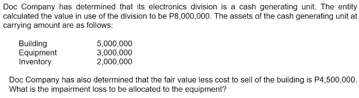 Doc Company has determined that its electronics division is a cash generating unit. The entity
calculated the value in use of the division to be P8,000,000. The assets of the cash generating unit at
carrying amount are as follows:
Building
Equipment
Inventory
5,000,000
3,000,000
2,000,000
Doc Company has also determined that the fair value less cost to sell of the building is P4,500,000.
What is the impairment loss to be allocated to the equipment?
