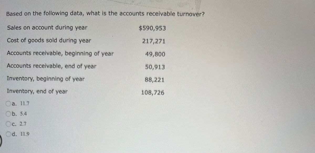 Based on the following data, what is the accounts receivable turnover?
Sales on account during year
Cost of goods sold during year
Accounts receivable, beginning of year
Accounts receivable, end of year
Inventory, beginning of year
Inventory, end of year
Oa. 11.7
Ob. 5.4
Oc. 2.7
C.
Od. 11.9
$590,953
217,271
49,800
50,913
88,221
108,726