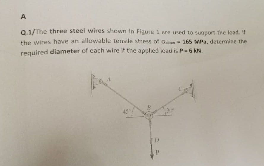 0. 1/The three steel wires shown in Figure 1 are used to support the load. If
the wires have an allowable tensile stress of oallow = 165 MPa, determine the
required diameter of each wire if the applied load is P = 6 kN.
B.
45°
30°
D
