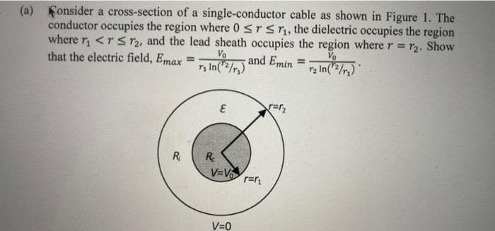(a) Fonsider a cross-section of a single-conductor cable as shown in Figure 1. The
conductor occupies the region where 0 srsr, the dielectric occupies the region
where r, <rs r2, and the lead sheath occupies the region where r = r2. Show
Vo
Vo
ra In(/,)"
that the electric field, Emax
and Emin
%D
a In("/r,)
R
R.
V=V
V=0
