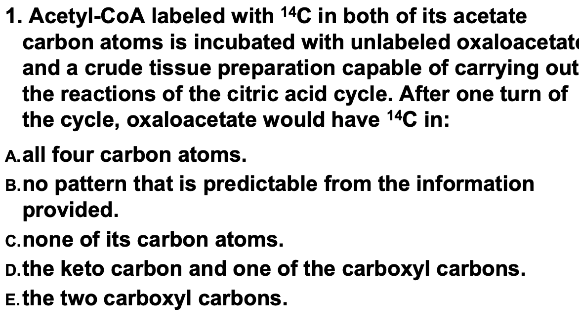 1. Acetyl-CoA labeled with 14C in both of its acetate
carbon atoms is incubated with unlabeled oxaloacetat
and a crude tissue preparation capable of carrying out
the reactions of the citric acid cycle. After one turn of
the cycle, oxaloacetate would have ¹4C in:
A. all four carbon atoms.
B.no pattern that is predictable from the information
provided.
c.none of its carbon atoms.
D.the keto carbon and one of the carboxyl carbons.
E. the two carboxyl carbons.
