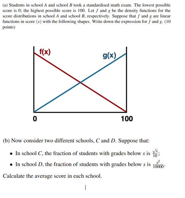 (a) Students in school A and school B took a standardised math exam. The lowest possible
score is 0; the highest possible score is 100. Let f and g be the density functions for the
score distributions in school A and school B, respectively. Suppose that f and g are linear
functions in score (x) with the following shapes. Write down the expression for f and g. (10
points)
f(x)
g(x)
100
(b) Now consider two different schools, C and D. Suppose that:
• In school C, the fraction of students with grades below s is
• In school D, the fraction of students with grades below s is
10000 '
Calculate the average score in each school.
|
