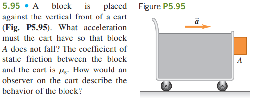 5.95 • A block
against the vertical front of a cart
(Fig. P5.95). What acceleration
must the cart have so that block
A does not fall? The coefficient of
is
placed Figure P5.95
static friction between the block
and the cart is Mly. How would an
observer on the cart describe the
behavior of the block?
