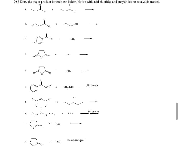 20.3 Draw the major product for each rxn below. Notice with acid chlorides and anhydrides no catalyst is needed.
a.
d.
f.
h. Ph.
i.
"CI
+
"OH
NH₂
Ph
+
"OH
+ CH,MgBr
NH,
NH₂
OH
OH
LAH
(no cat. required)
H+, quench
H+, quench