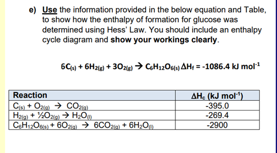 e) Use the information provided in the below equation and Table,
to show how the enthalpy of formation for glucose was
determined using Hess' Law. You should include an enthalpy
cycle diagram and show your workings clearly.
6C(s) + 6H2(g) + 302(g) → C6H12O6(s) AH = -1086.4 kJ mol-¹
Reaction
C(s) + O2(g) → CO2(g)
H2(g) + ¹/2O2(g) → H₂O(1)
C6H12O6(s) + 602(g) →6CO2(g) + 6H₂O(0)
AHC (kJ mol-¹)
-395.0
-269.4
-2900