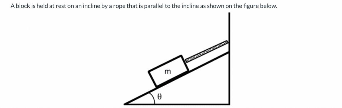 A block is held at rest on an incline by a rope that is parallel to the incline as shown on the figure below.
0
m