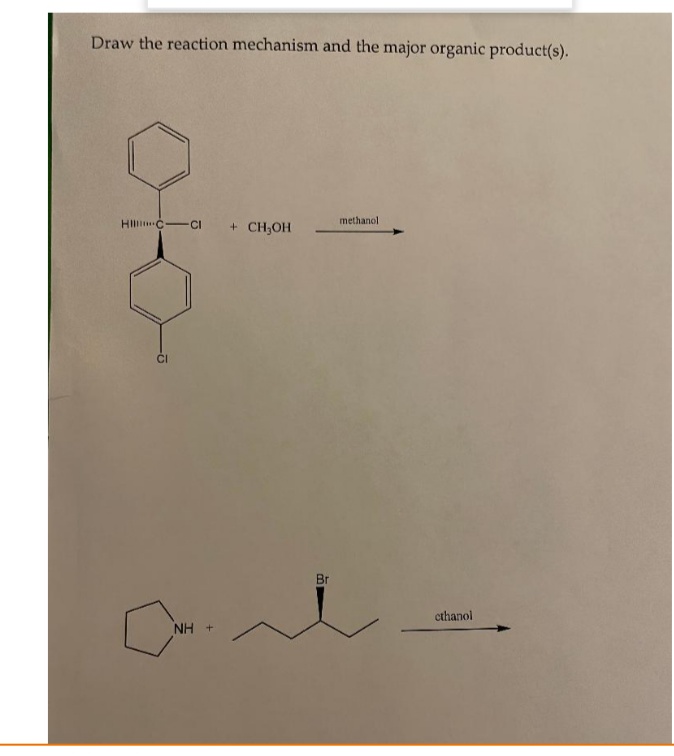 Draw the reaction mechanism and the major organic product(s).
HIC-
-CI
NH +
+ CH₂OH
Br
methanol
ethanol