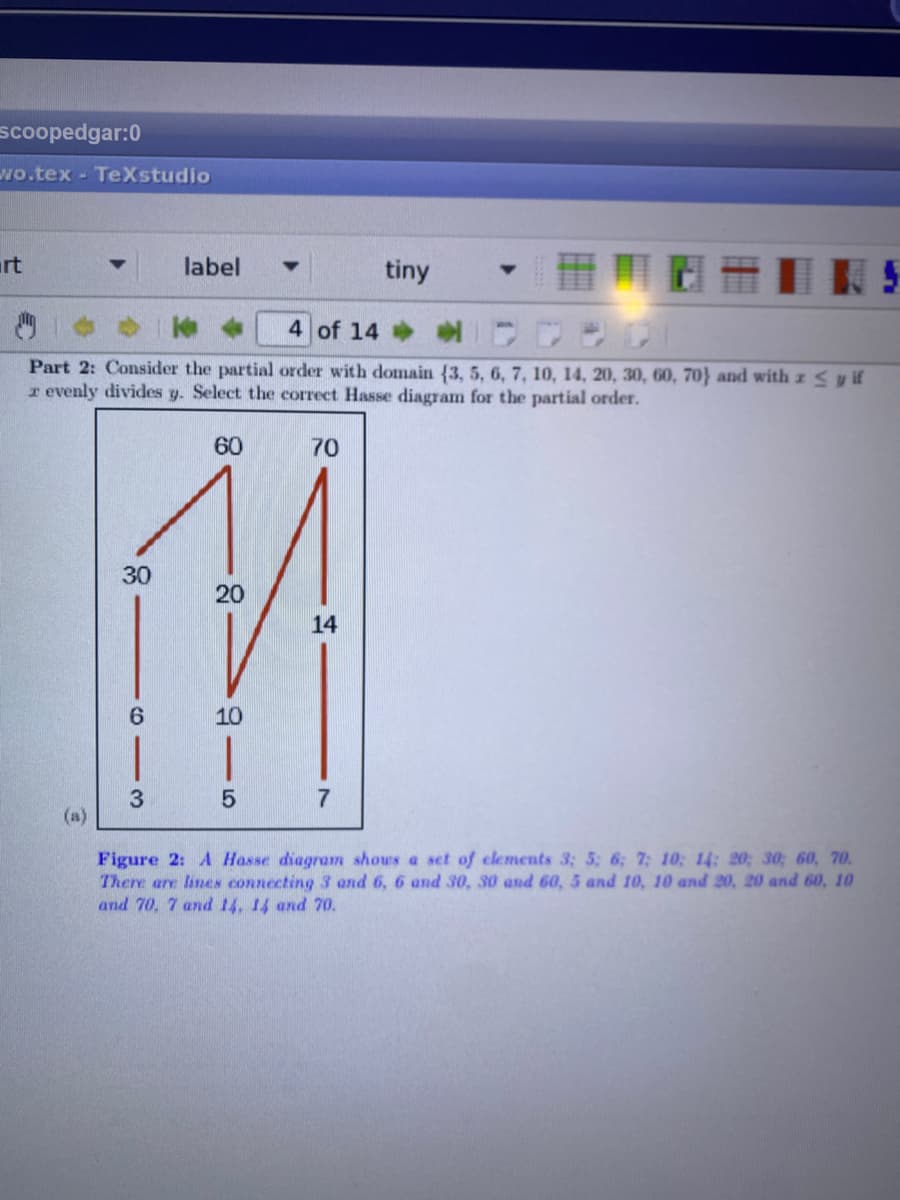 scoopedgar:0
wo.tex - TeXstudio
rt
label
tiny
4 of 14
Part 2: Consider the partial order with domain (3, 5, 6, 7, 10, 14, 20, 30, 60, 70} and with z Sy if
r evenly divides y. Select the correct Hasse diagram for the partial order.
60
70
30
20
14
10
3
(a)
7
Figure 2: A Hasse diagram shous a set of elements 3; 5: 6; 7: 10: 14: 20; 30; 60, 70.
There are lines connecting 3 and 6, 6 and 30, s0 and 60, 5 and 10, 10 and 20, 20 and 60, 10
and 70, 7 and 14. 14 and 70.
6,
