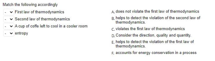 Match the following accordingly
A. does not violate the first law of thermodynamics
B. helps to detect the violation of the second law of
thermodynamics.
C. violates the first law of thermodynamics
First law of thermodynamics
v Second law of thermodynamics
v A cup of coffe left to cool in a cooler room
entropy
D. Consider the direction, quality and quantity.
E. helps to detect the violation of the first law of
thermodynamics.
F. accounts for energy conservation in a process

