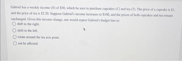 Gabriel has a weekly income (N) of $50, which he uses to purchase cupcakes (C) and tea (7). The price of a cupcake is $1,
and the price of tea is $2.50. Suppose Gabriel's income increases to $100, and the prices of both cupcakes and tea remain
unchanged. Given this income change, one would expect Gabriel's budget line to:
O shift to the right.
shift to the left.
rotate around the tea axis point.
not be affected.
